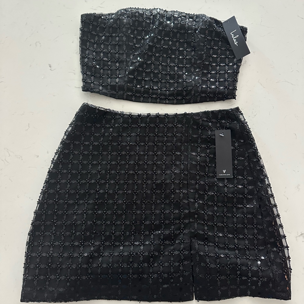 Lulu's  black sequin beaded high-rise miniskirt & strapless crop top